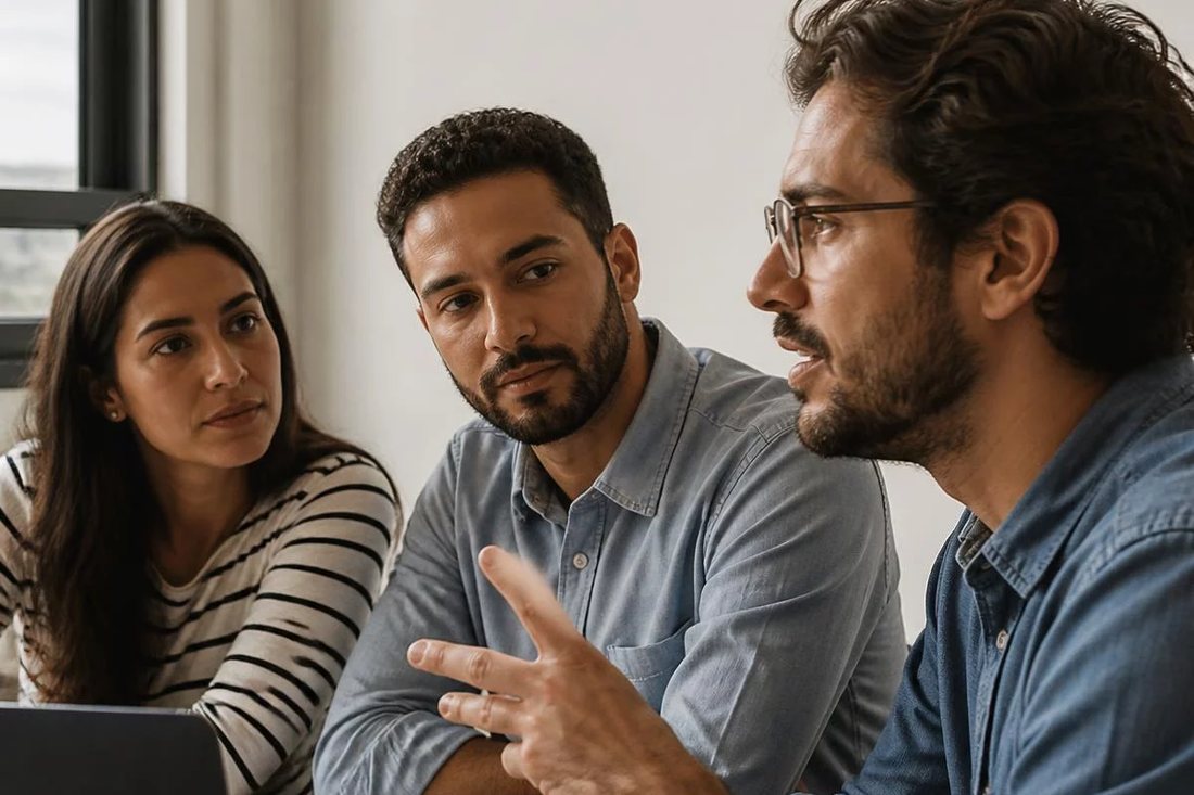 Participante falando de pé enquanto o restante da turma acompanha sentado