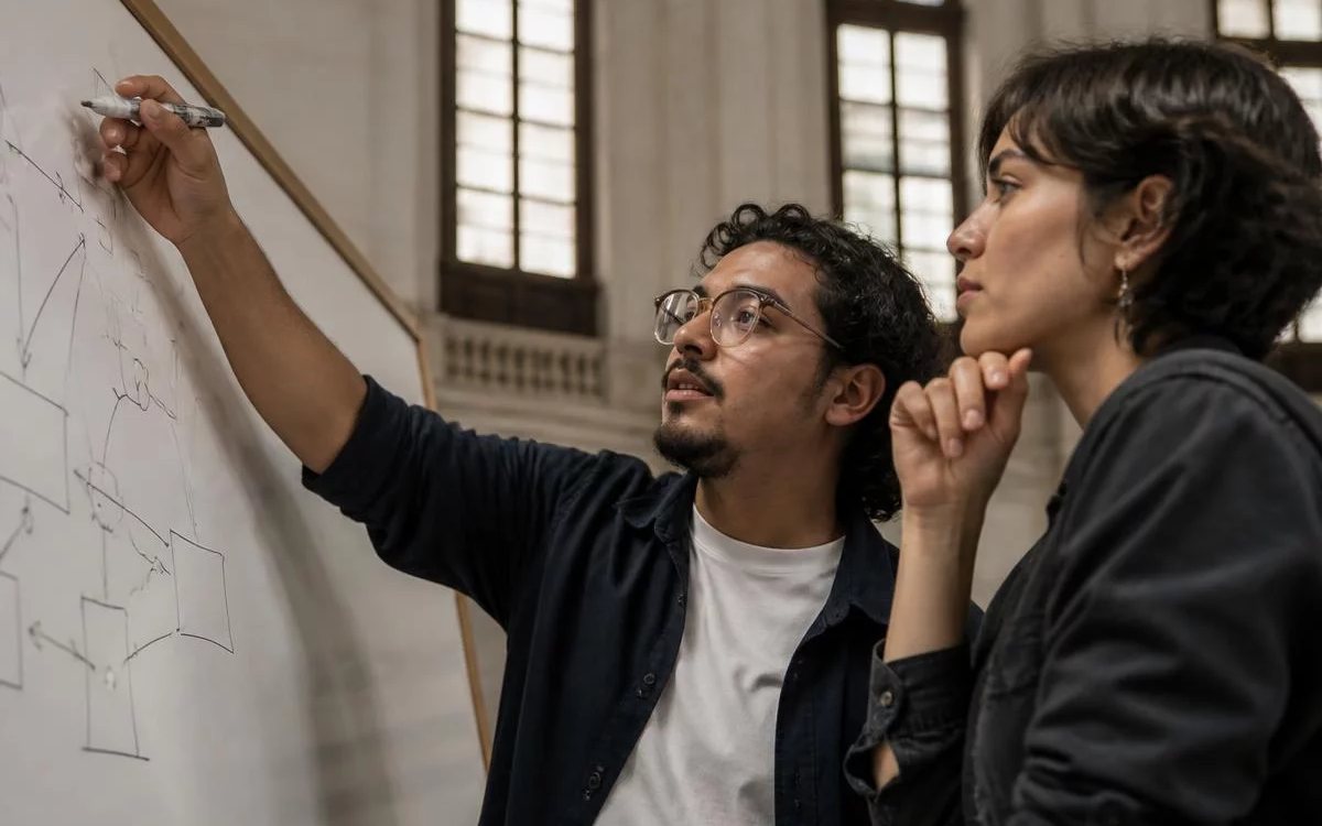 Dupla em pé diante do quadro branco, com um argumento rascunhado a caneta