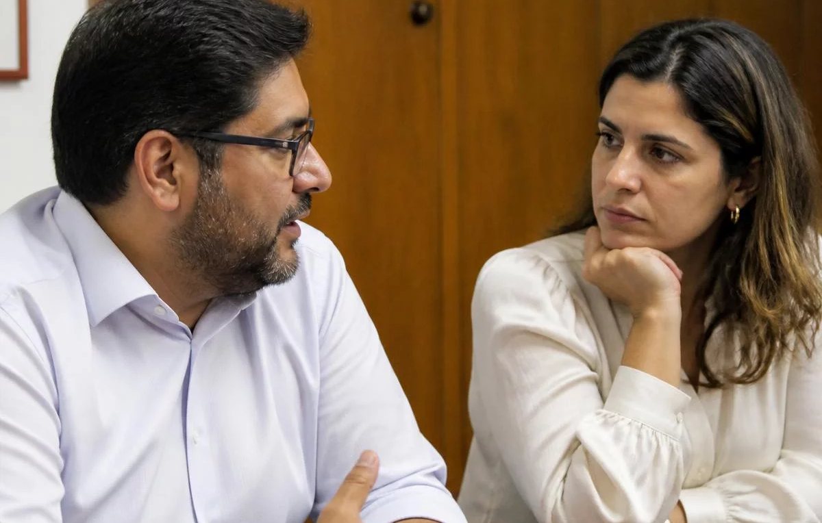 Duas pessoas sentadas de frente uma para a outra à mesa: uma fala, a outra registra por escrito