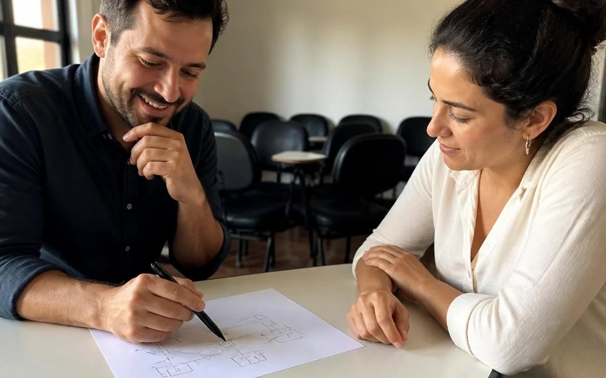 Participantes revendo apontamentos num tablet apoiado sobre a mesa durante o intervalo